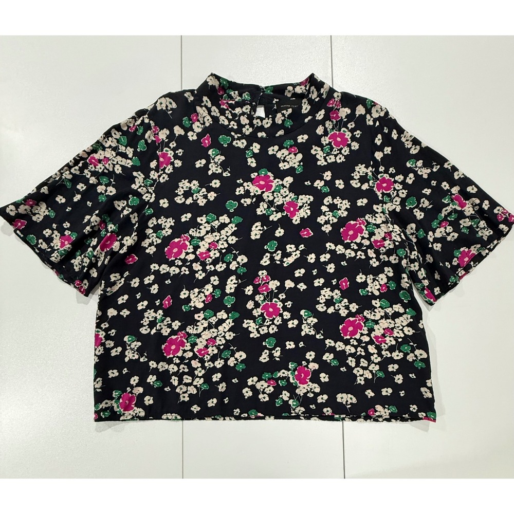Selected FEMME X Anthropologie Floral Blouse Navy Pink Short Slv Sz 42/12 (288)
